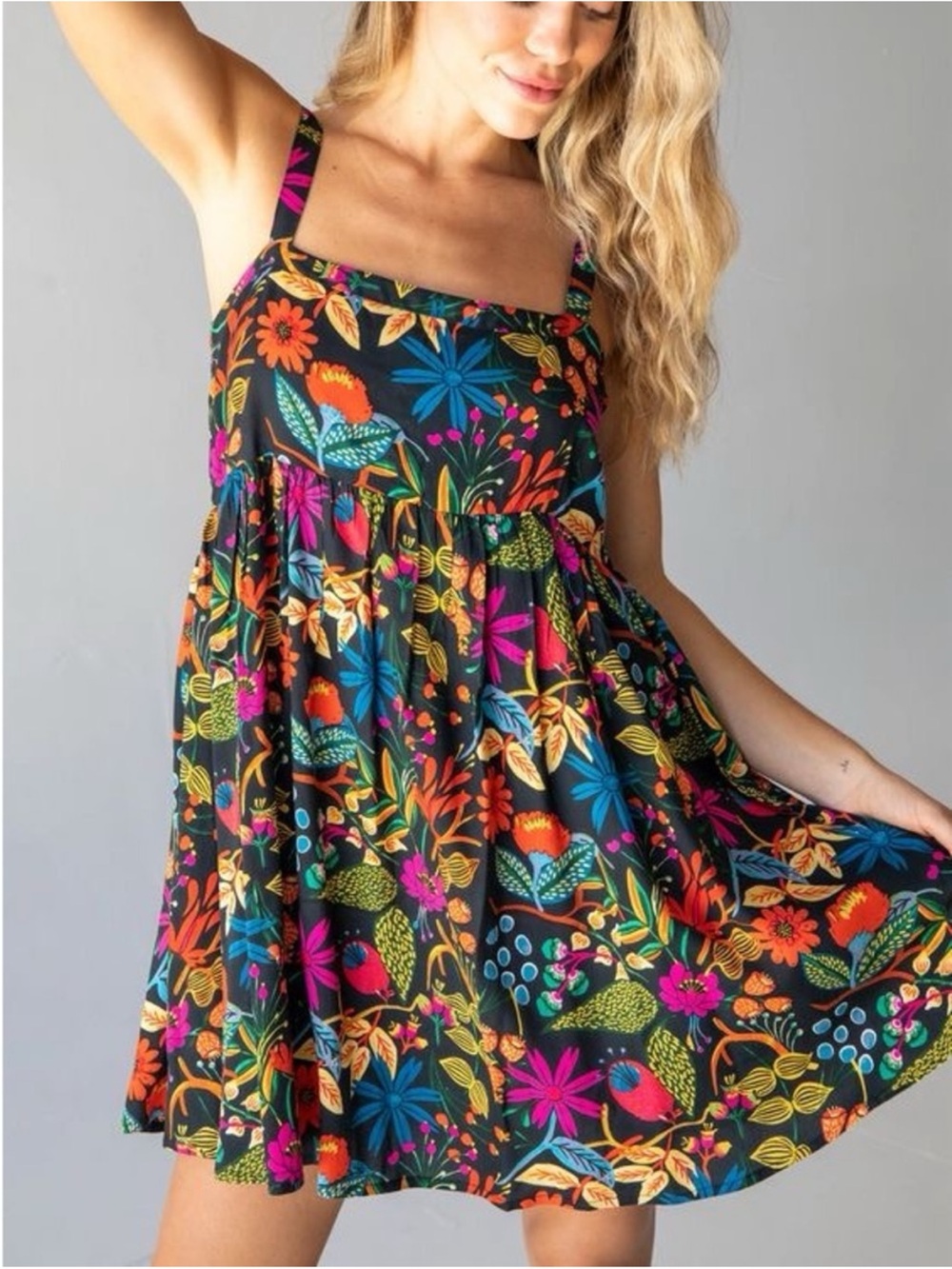 Natural Life Patti Mini Dress M Black Colorful Floral Babydoll Boho Rayon
